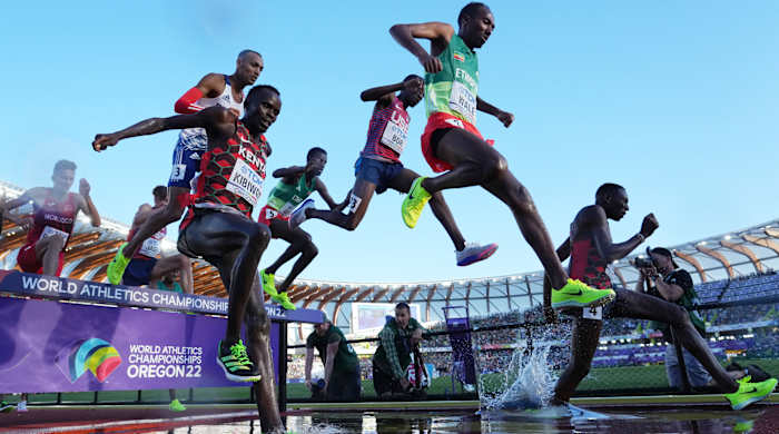 Athletes compete in the men’s 3000m steeplechase during the World Athletics Championships Oregon 22 at Hayward Field